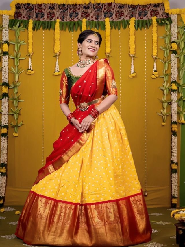 Mustard Yellow and Red Half Saree Lehenga Designs Mustard Yellow and Red Half Saree Lehenga Designs