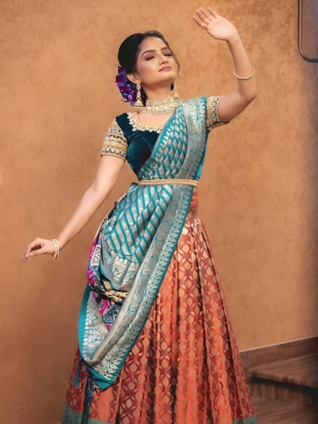 Orange and Sky Blue Half Saree Lehenga Orange and Sky Blue Half Saree Lehenga