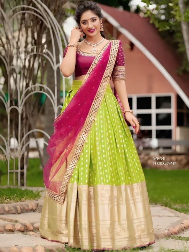 Parrot Green and Pink Lehenga Half Saree Parrot Green and Pink Lehenga Half Saree