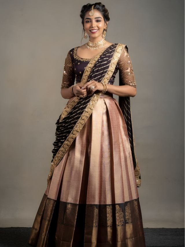 Peach and Brown Half Saree Lehenga Peach and Brown Half Saree Lehenga
