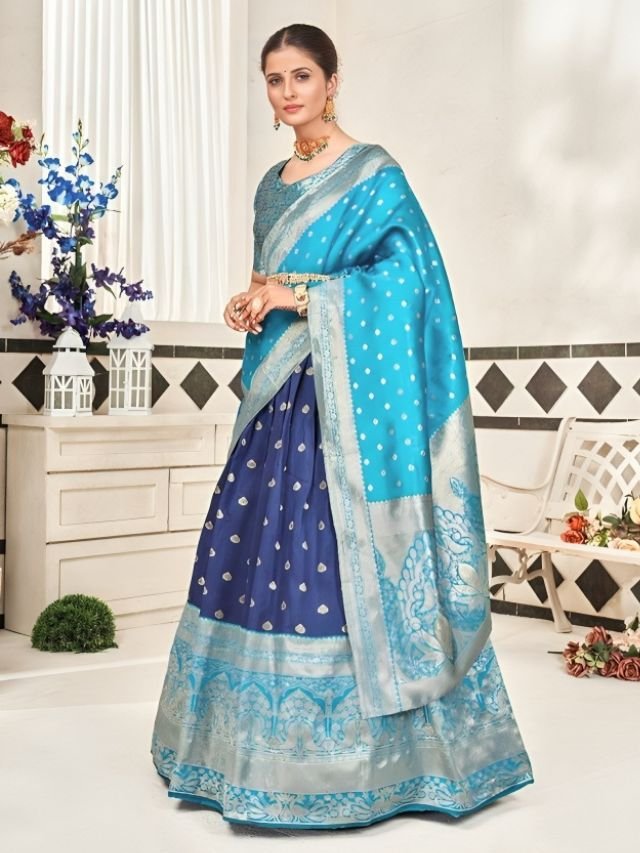 Powder Blue and Royal Blue Contrast Half Saree Powder Blue and Royal Blue Contrast Half Saree