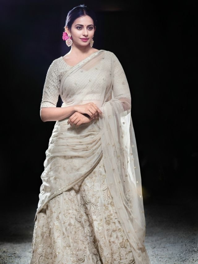 Rakul Preet Singhs Elegant White and Golden Half Saree Lehenga Rakul Preet Singh’s Elegant White and Golden Half Saree Lehenga