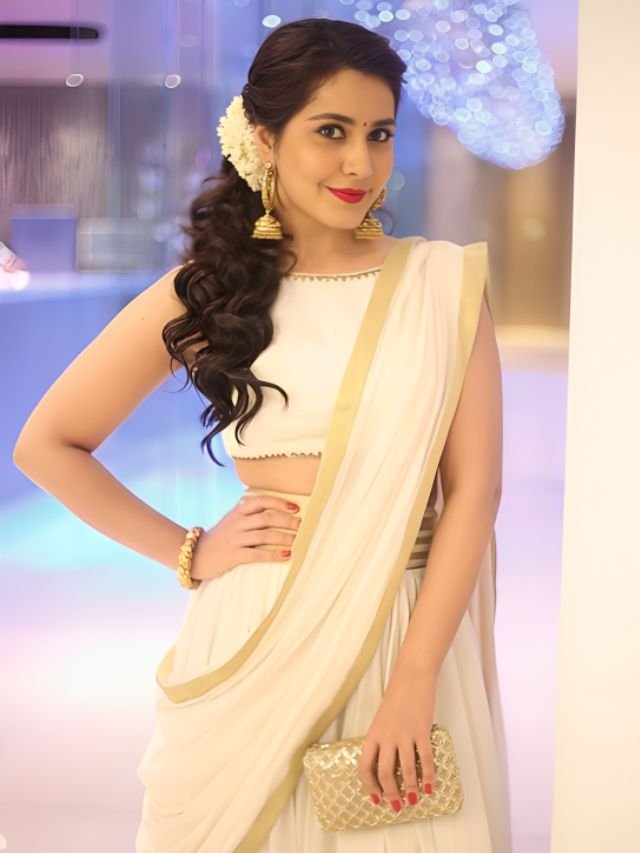 Rashi Khannas White Half saree Lehenga with Golden Border Rashi Khanna’s White Half saree Lehenga with Golden Border