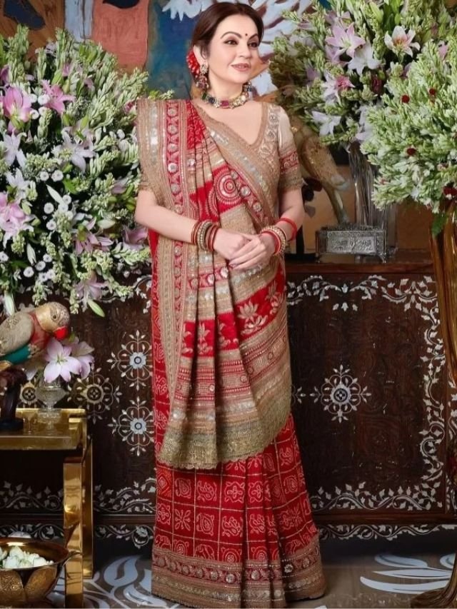 Nita Ambani in Red Colour Saree Nita Ambani in Red bandhani print Saree