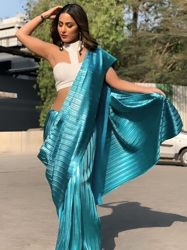Hina Khan in Satin Blue Saree Hina Khan in Satin Blue Saree