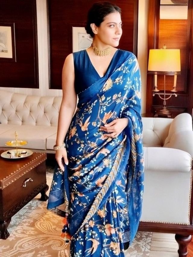 Kajol in Blue Floral Saree Kajol in Blue Floral Saree