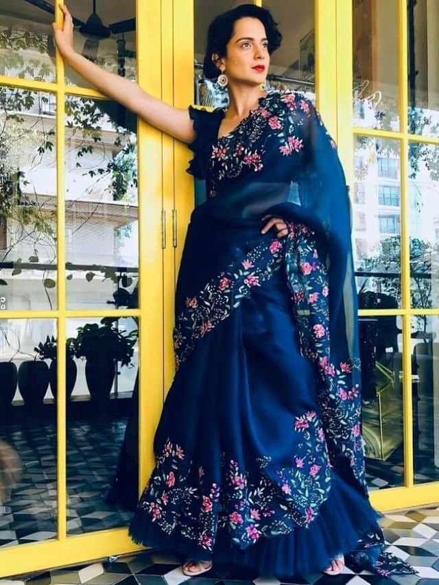 Kangana Ranaut in Ruffled Blue Saree Kangana Ranaut in Ruffled Blue Saree