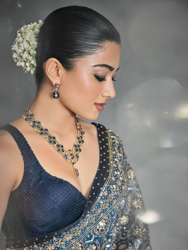 Rashmika Mandana in Blue Ajrakh Print Saree Rashmika Mandana in Blue Ajrakh Print Saree