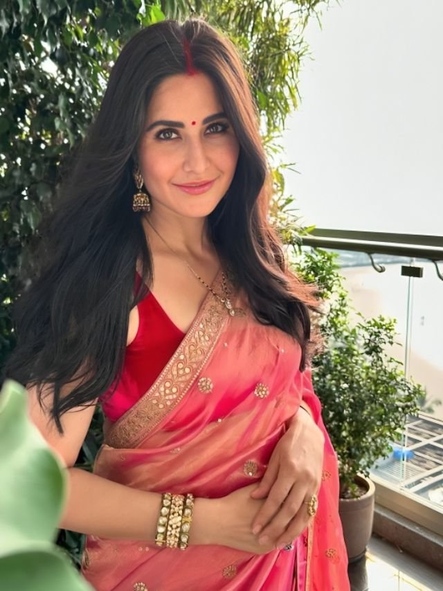 Katrina Kaifs Karwachauth look in Tissue Pink Saree Katrina Kaif’s Karwachauth look in Tissue Pink Saree