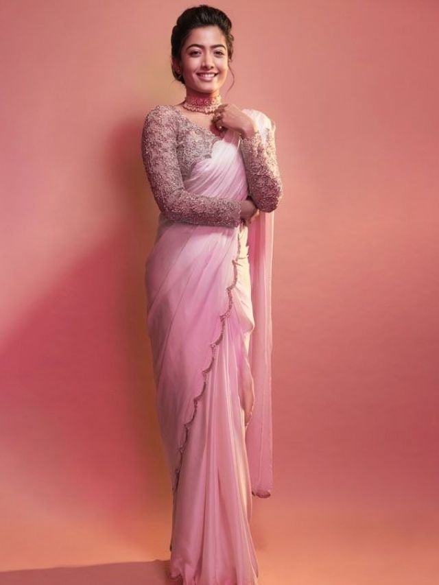 Rashmikas Scallop Border Satin Pink Colour Saree Rashmika’s Scallop Border Satin Pink Colour Saree