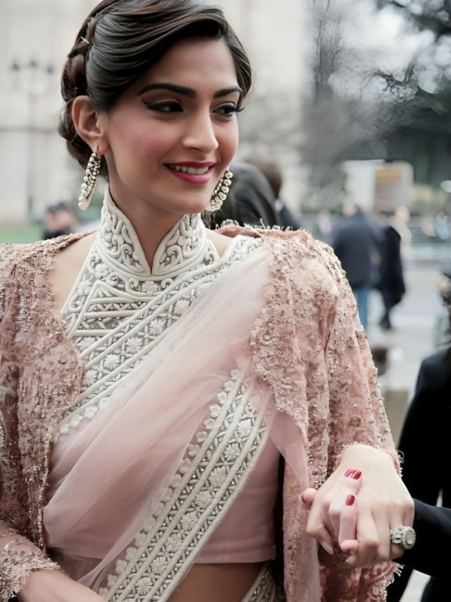 Sonam Kapoors Lace work Pink Colour Saree Sonam Kapoor’s Lace work Pink Colour Saree