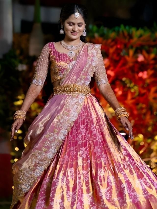 Put Net Dupatta Diagonally from Back to Front Side with Lehenga Put Net Dupatta Diagonally from Back to Front Side with Lehenga