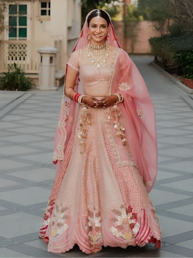 Wear Dupatta One End at One Shoulder and Put the Other End on Head on Lehenga Wear Net Dupatta One End at One Shoulder and Put the Other End on Head on Lehenga