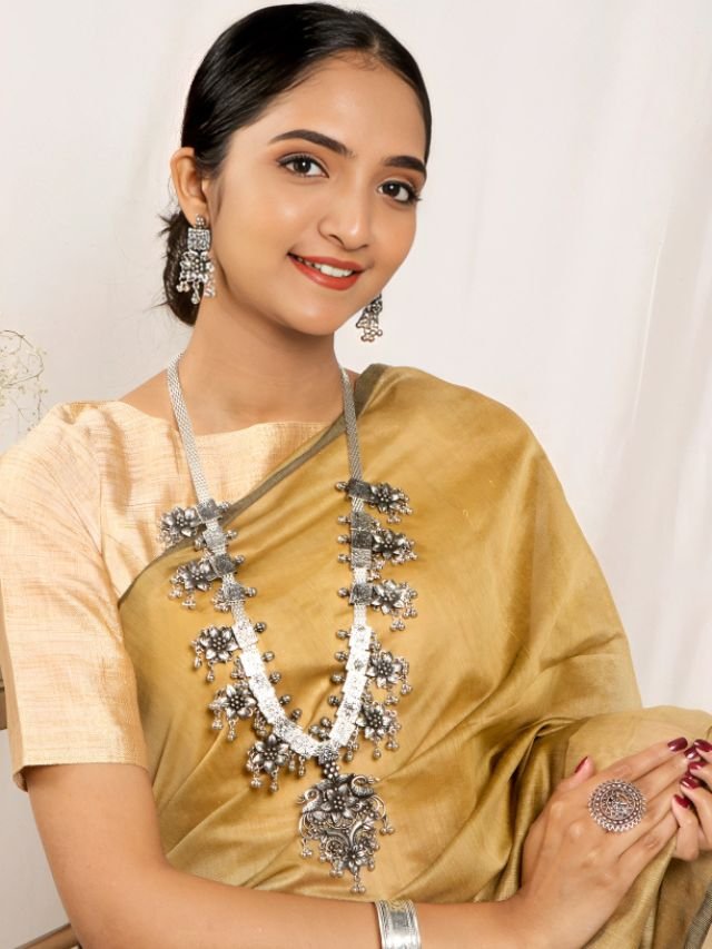 Golden Saree with Oxidised Silver Accessories Golden Saree with Oxidised Silver Accessories