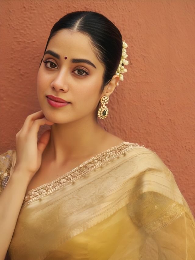 Janhvi Kapoor in Golden Saree with Deep Red Lipsticks Janhvi Kapoor in Golden Colour Saree with Deep Red Lipsticks