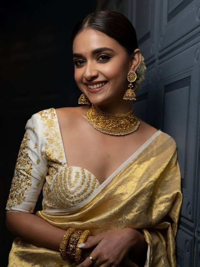 Keerthy Suresh in Golden Saree with White Blouse Keerthy Suresh in Golden Colour Saree with White Blouse