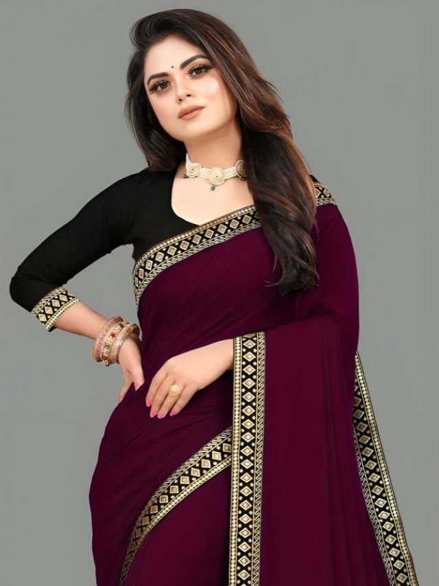 Women Wearing Wine Saree with Black Blouse