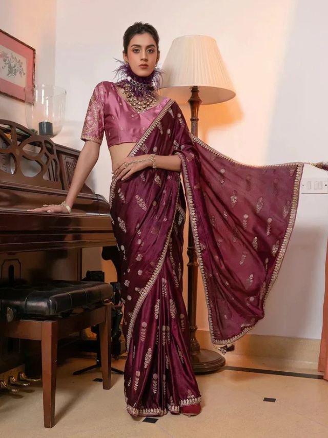 Women in Wine Saree with Dusty Pink Blouse