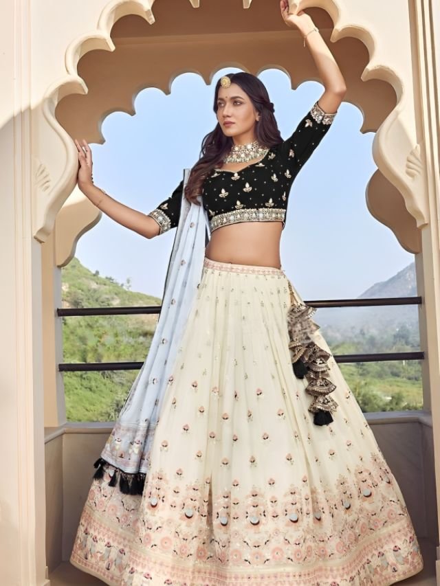 Cream Lehenga with Black Blouse Cream Lehenga with Black Blouse
