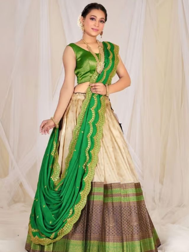 Cream Lehenga with Green Blouse Cream Lehenga with Green Blouse