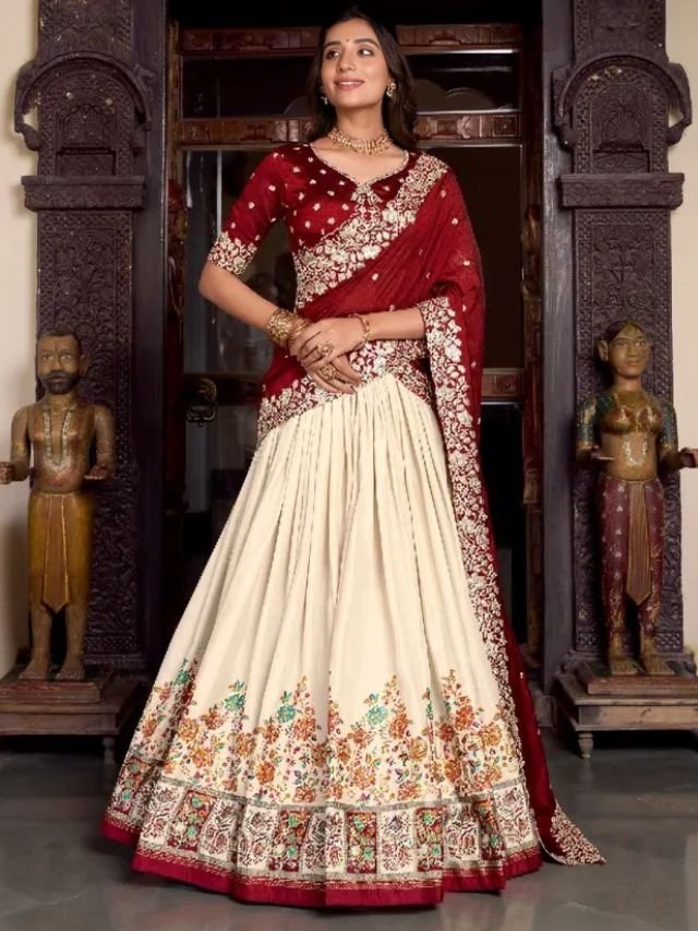 Cream Lehenga with Maroon Blouse Cream Lehenga with Maroon Blouse