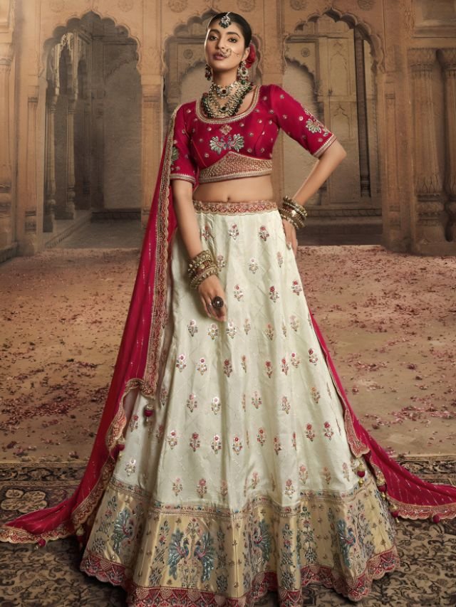 Cream Lehenga with Pink Blouse Cream Lehenga with Pink Blouse
