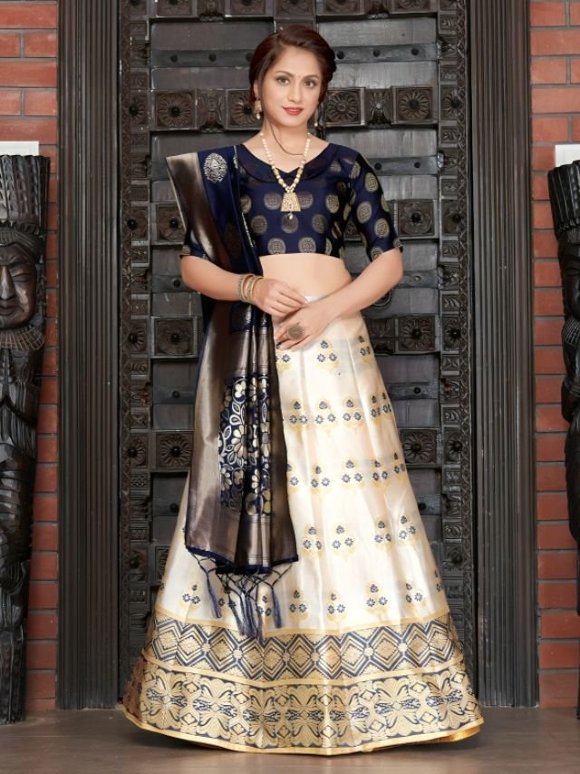 Deep Blue Choli with Cream Lehenga Deep Blue Choli with Cream Lehenga