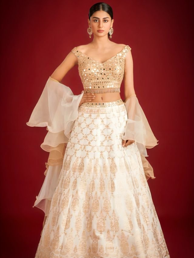 Golden Blouse with Cream Color Lehenga Golden Blouse with Cream Color Lehenga