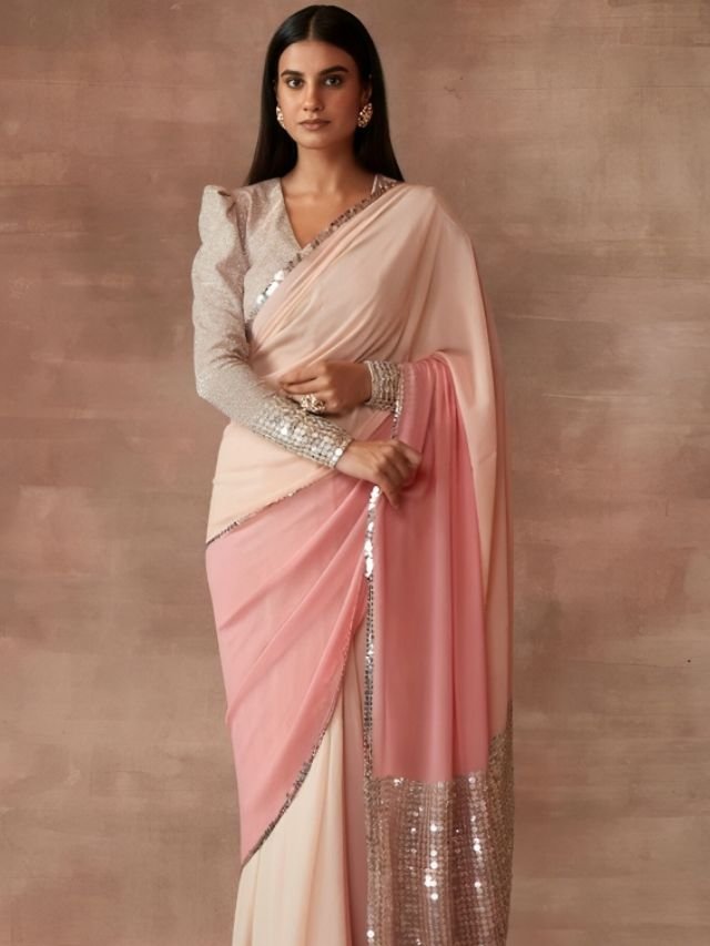 Peach Color Saree with Silver Blouse Peach Color Saree with Silver Blouse