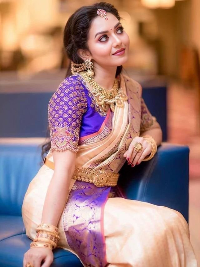 Peach Saree with Blue Blouse Peach Saree with Blue Blouse