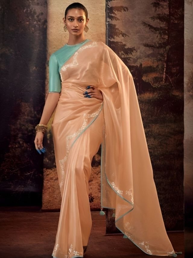 Peach Saree with Blue Color Blouse Peach Saree with Blue Color Blouse