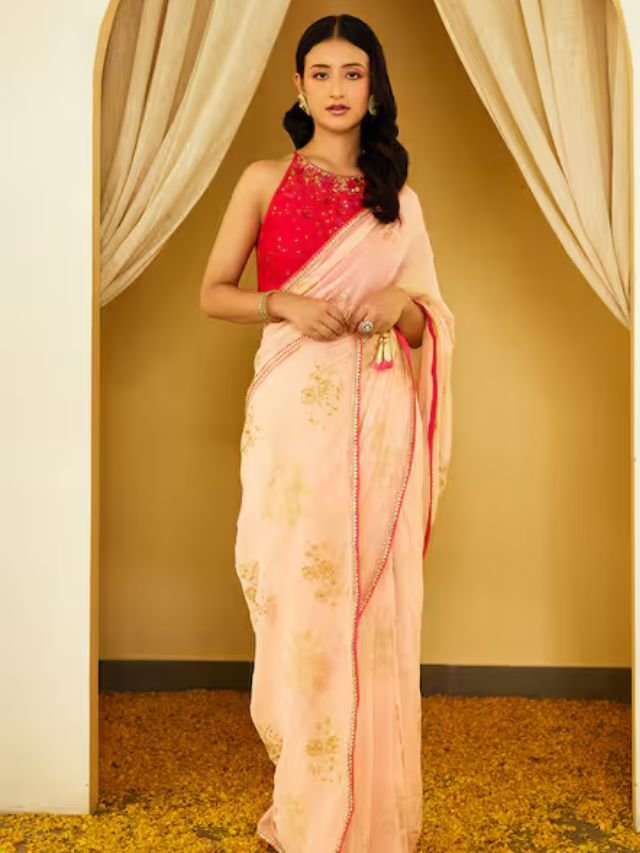 Peach Saree with Red Blouse Peach Saree with Red Blouse