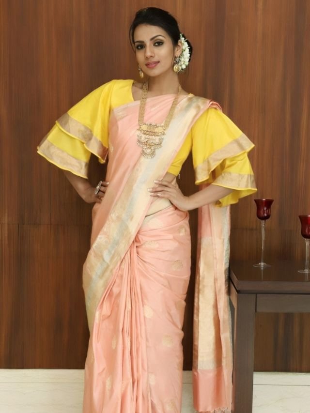 Peach Saree with Yellow Blouse Peach Saree with Yellow Blouse