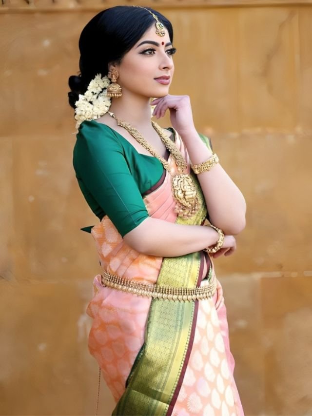 Peach saree with Green Blouse Peach saree with Green Blouse