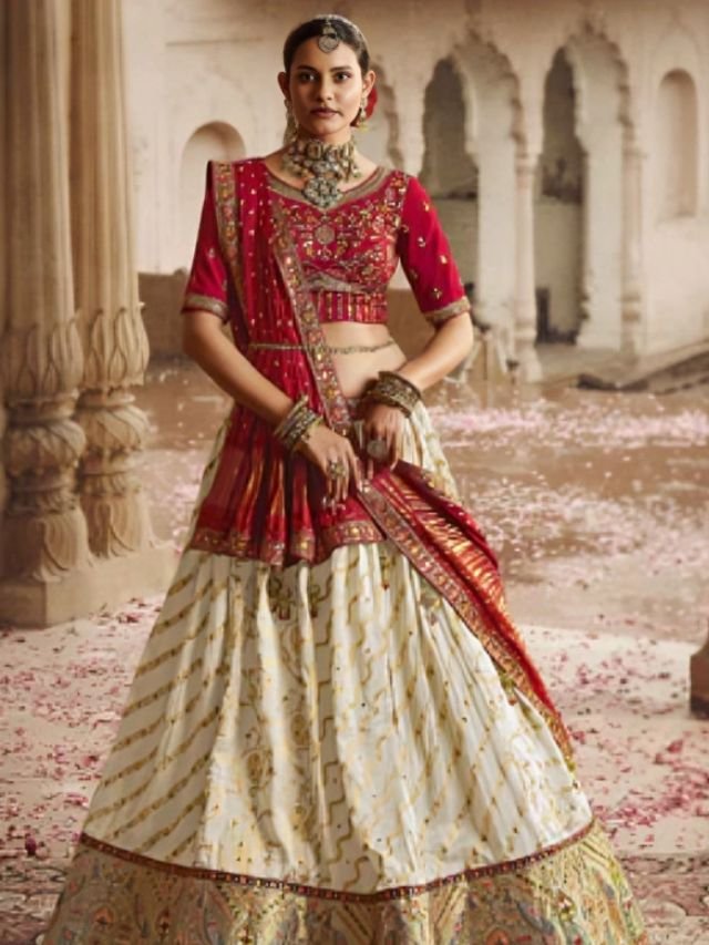 Red Blouse with Cream Lehenga Red Blouse with Cream Lehenga