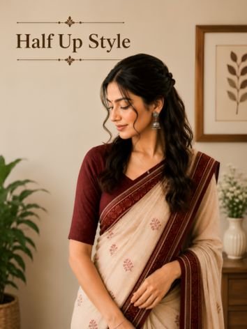 Half Up Hairstyles with Cotton Saree