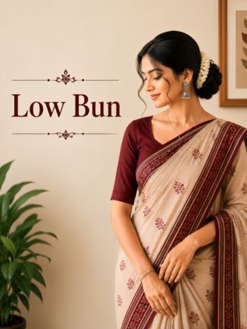Low Bun Hairstyles with Cotton Saree