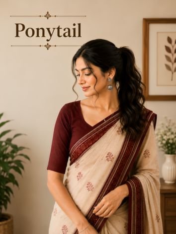 Ponytail Hairstyles with Cotton Saree