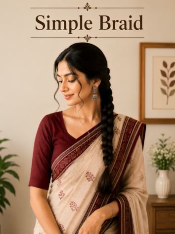Simple Braid Hairstyles with Cotton Saree
