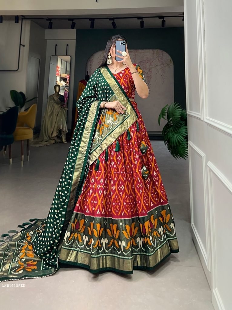 1615 red fancy foil printed tu 1713348571 1615 Red Fancy Foil Printed Tussar Silk Lehenga Choli