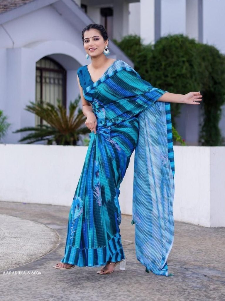 aaradhna 8 blue digital print 1712729606 AARADHNA 8 Blue Digital Print With Sequence Work Faux Georgette Saree