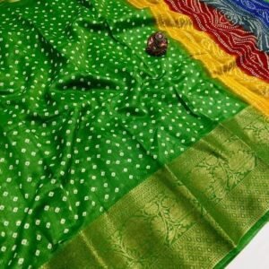 AASHA Green Fancy Printed Bandhani Saree With Rainbow Pallu