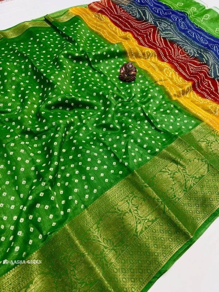 aasha green fancy printed band 1712837755 AASHA Green Fancy Printed Bandhani Saree With Rainbow Pallu