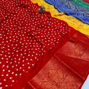 AASHA Red Fancy Printed Bandhani Saree With Rainbow Pallu