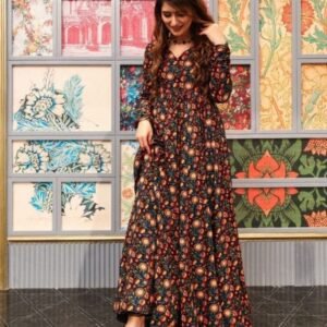 Aayaa Brown Digital Printed Pure Cotton Anarkali Gown