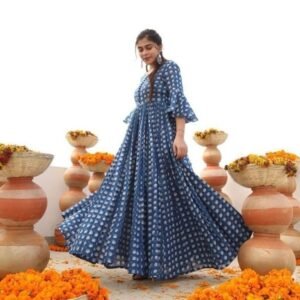 Aayaa Navy Blue Digital Printed Pure Cotton Anarkali Gown