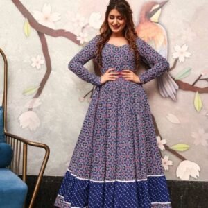 Aayaa Royal Blue Digital Printed Pure Cotton Anarkali Gown