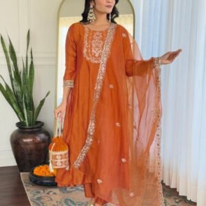 Amazing Orange Straight Vichitra Silk Kurtis Pant Dupatta Set