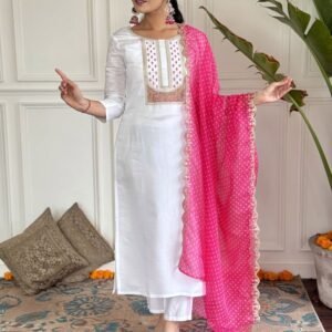 Amazing White Viscose Rayon Kurtis Pant Dupatta Set With Neck Work