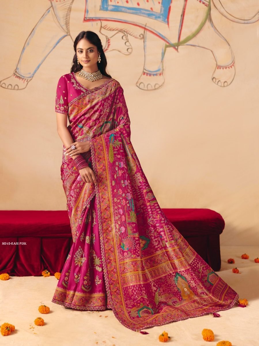 anaara elegant rani pink saree 1777292410 Anaara Elegant Rani Pink Saree With Heritage Print By Tathasu